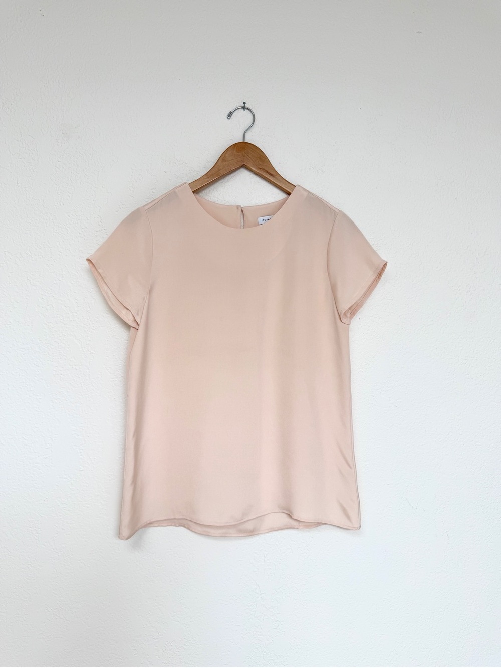 CUYANA blush pink short sleeve silk blouse quiet luxury minimalist / size S